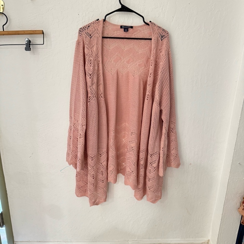 Roaman’s Plus Size Pink Crochet Wide Sleeve Eyelet Knit Cardigan 30/32 - Picture 3 of 7